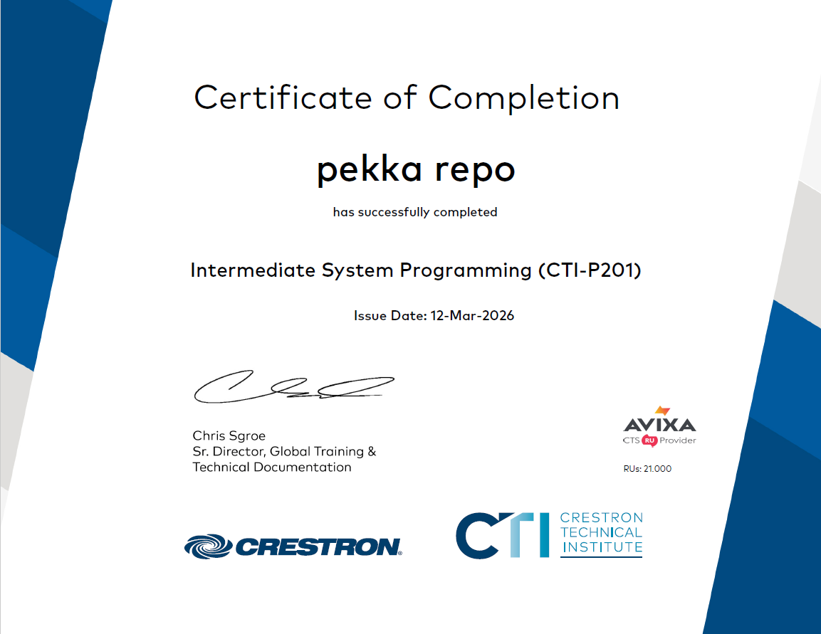 Crestron Intermediate programmer Certificate